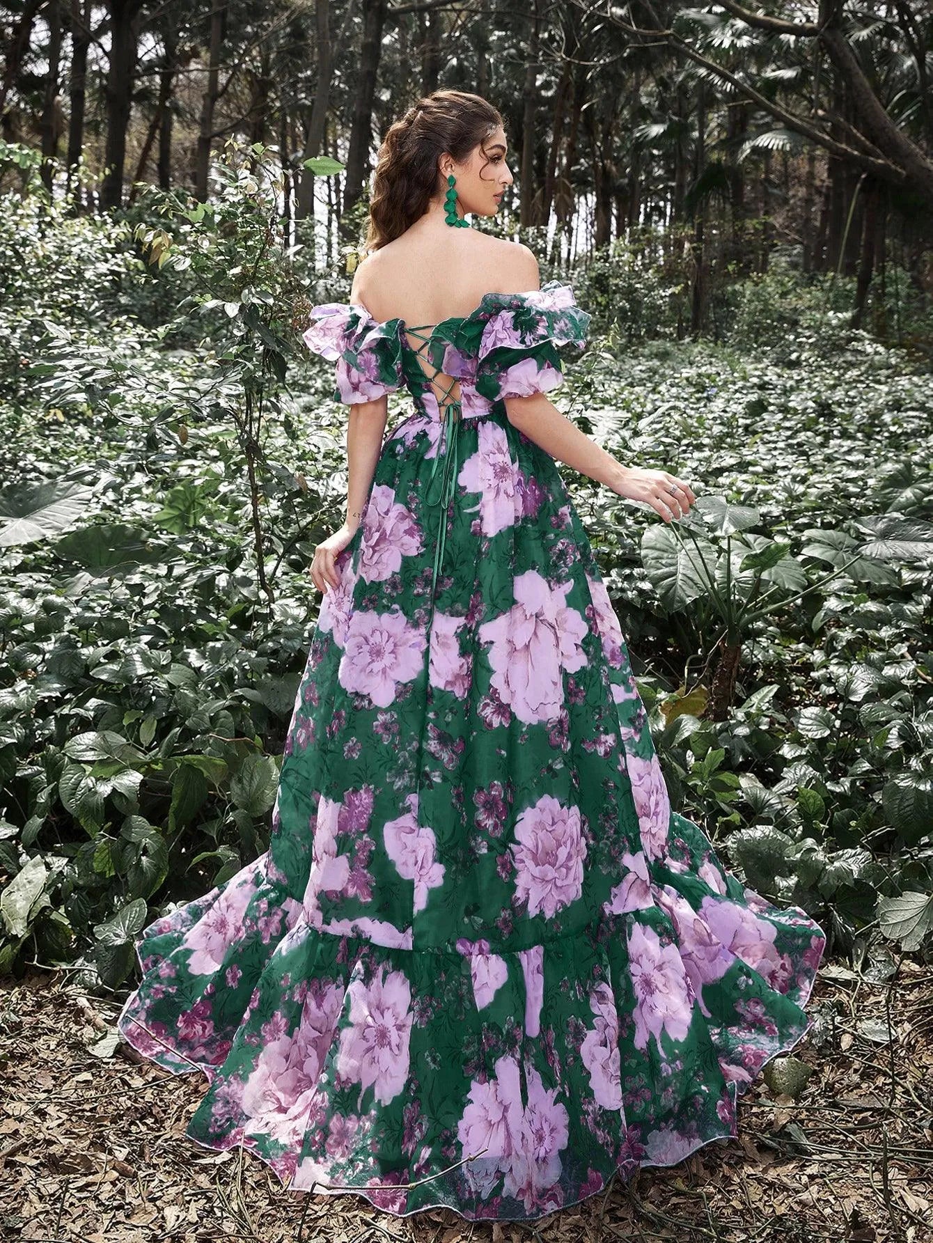 Elegant Ruffle Trim Off Shoulder Floral Organza Prom Dress - Elonnashop