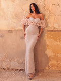 Luxury Off-Shoulder Pearl Beaded Gown | Tulle Ruffle Mermaid Silhouette with High Slit & Corset Back | Formal Evening Dress for Weddings, Galas, Prom