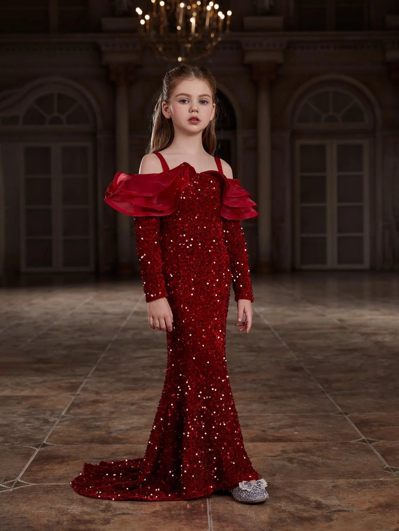 Tween Girls' Off Shoulder Ruffle Trim Sequin Mermaid Dress - Elonnashop