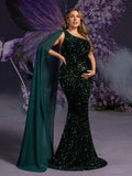 Plus Maternity Sequin Gown with Single-Shoulder Cape & Mermaid Silhouette – Elegant 1XL-5XL Pregnancy Evening Dress