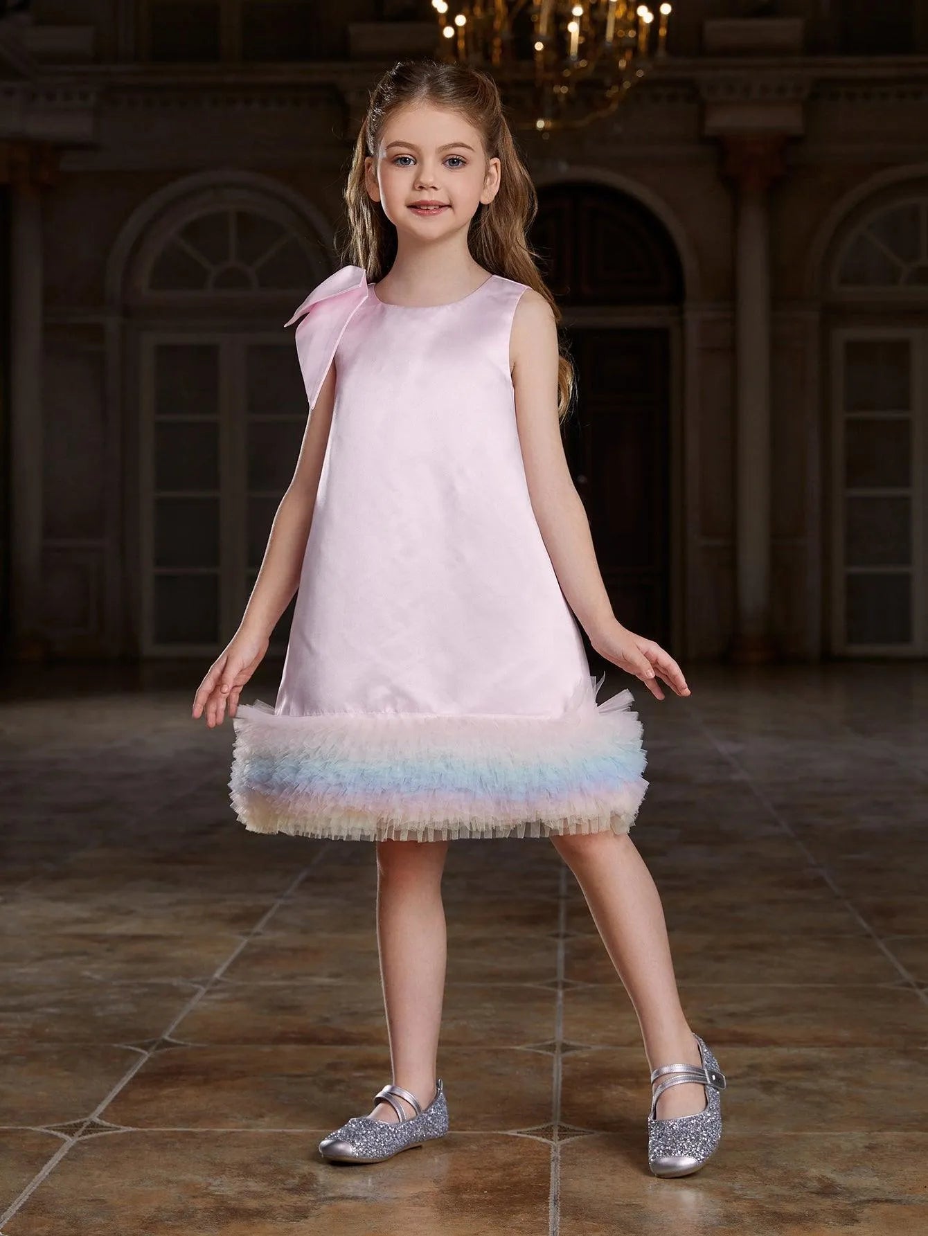 Tween Girls' Sleeveless Rainbow Ruffle Trim Knee Length Dress - Elonnashop