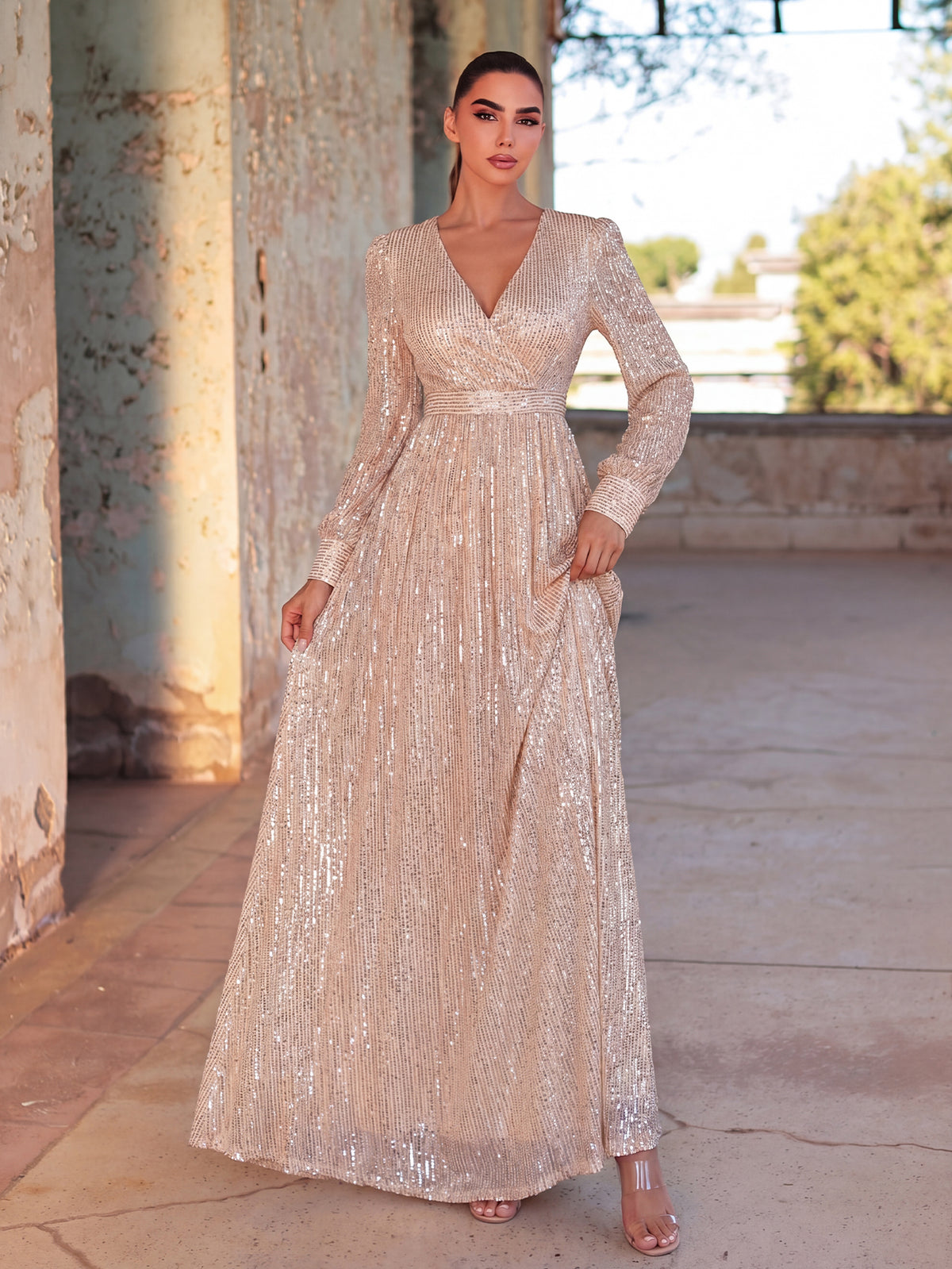Elegant V Neck Long Sleeves Sequin A Line Dresses