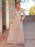 Elegant V Neck Long Sleeves Sequin A Line Dresses