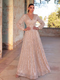 Elegant V Neck Long Sleeves Sequin A Line Dresses