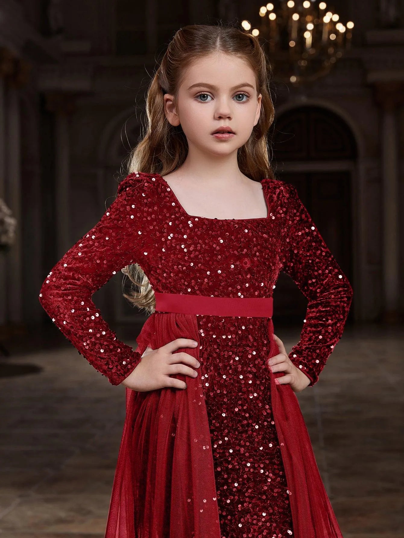 Tween Girls' Square Collar Long Sleeves Sequin Mermaid Dress - Elonnashop