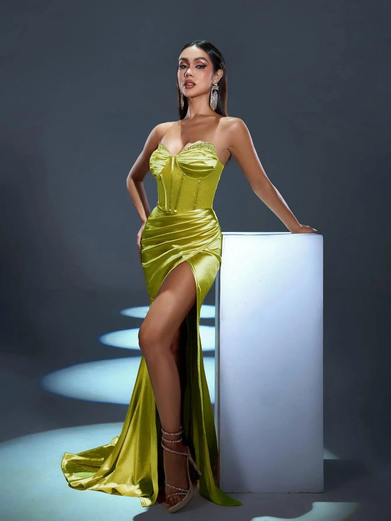 Ruched Bustier Wrap Hem Satin Mermaid Dress - Elonnashop