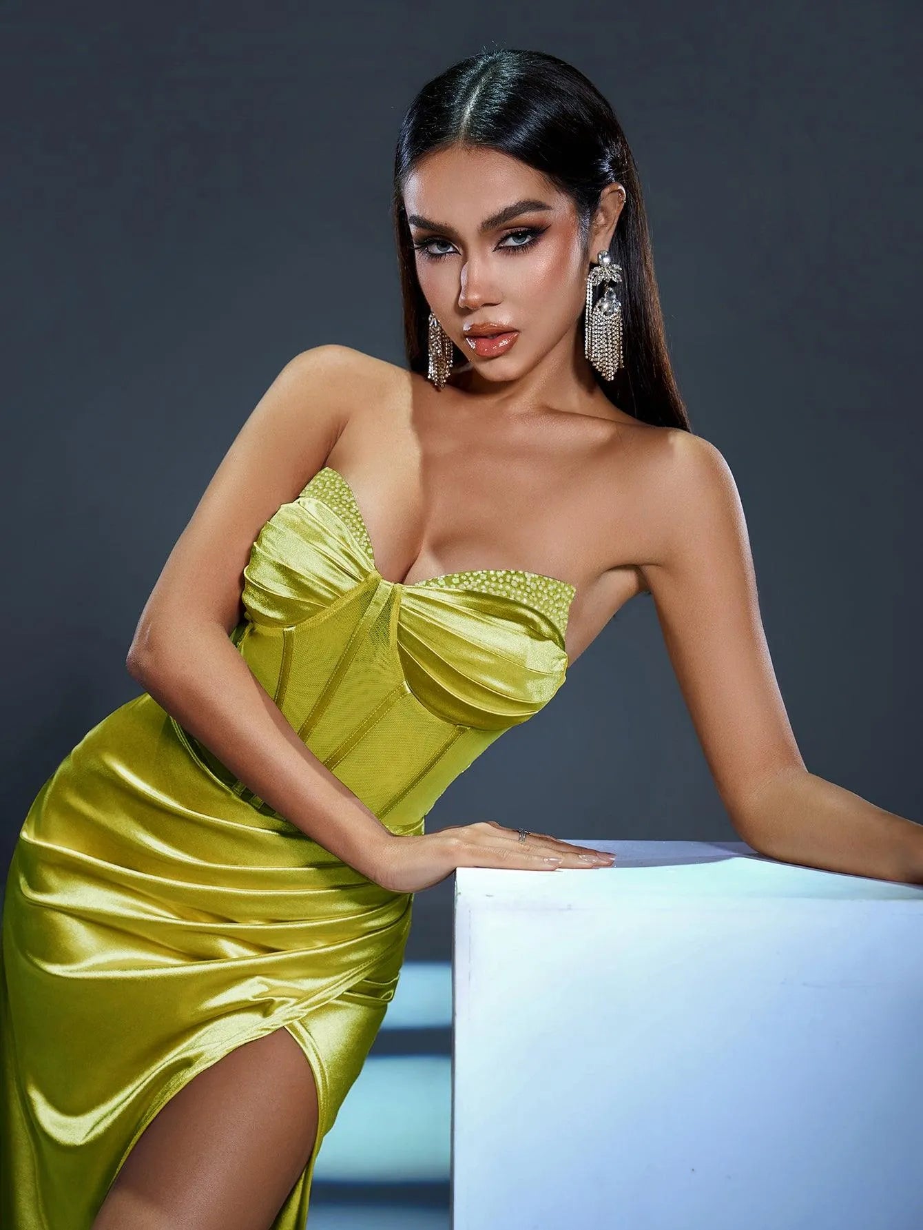 Ruched Bustier Wrap Hem Satin Mermaid Dress - Elonnashop