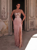 Sparkling Sequin & Fringe Maxi Dress | Strapless Sweetheart Neckline, High Side Slit, Open Back | Glam Evening Gown for Parties, Galas, Prom