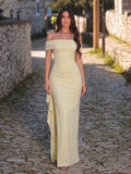 Elegant Off-The-Shoulder Maxi Dress with Ruching & High Slit | Bodycon Formal Gown for Evening Party & Wedding Guest