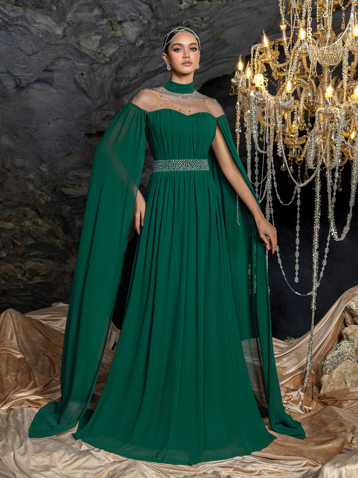 Dramatic Cape Evening Dress | High Neck Chiffon with Rhinestone Details
