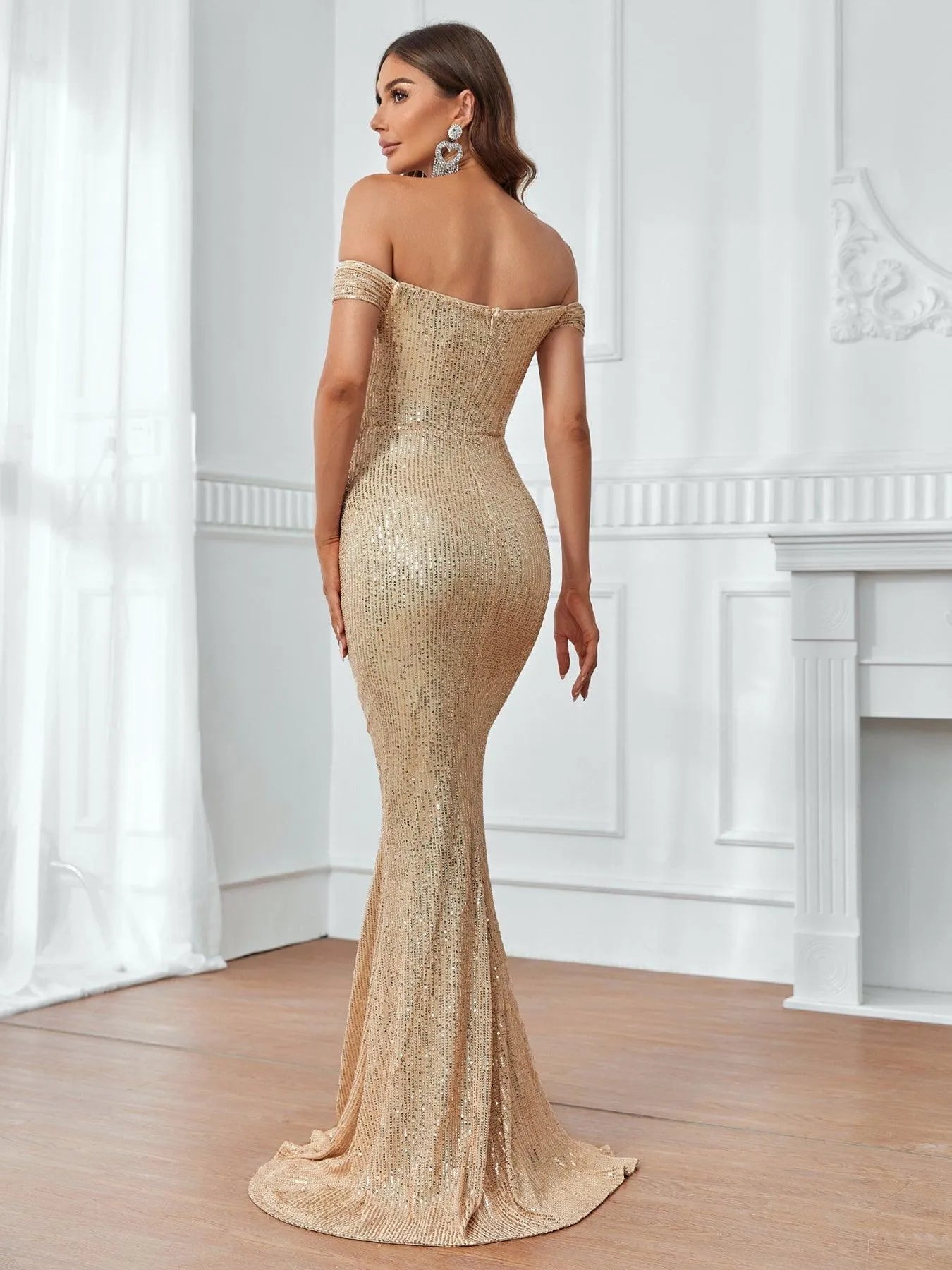 Contrast Mesh Off Shoulder Mermaid Hem Sequin Formal Dress - Elonnashop