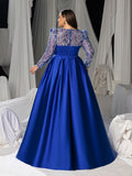 Plus Women's Sequin Bodice Formal Gown | Long Sleeves | Full Flared Skirt