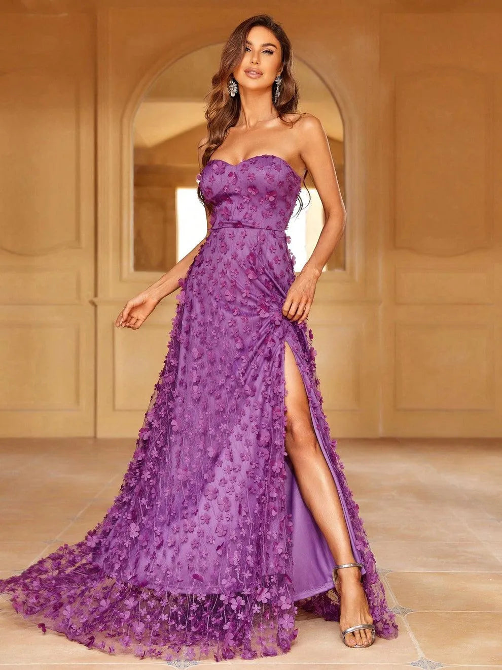 Elegant Floral Appliques Split Thigh Tube Dresses - Elonnashop