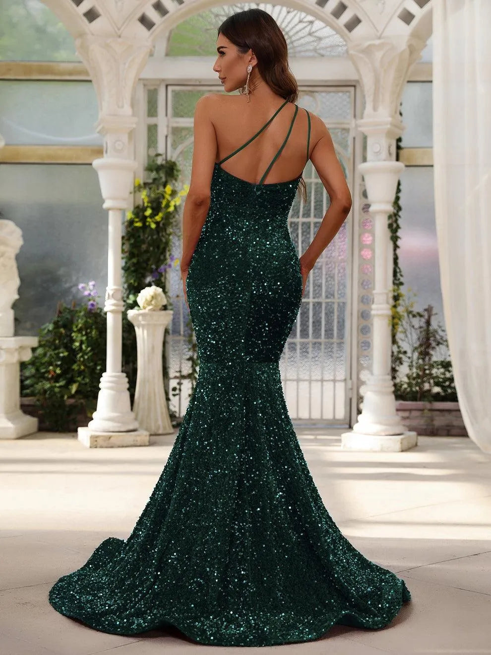Elegant One Shoulder Sleeveless Sequin Mermaid Dresses - Elonnashop