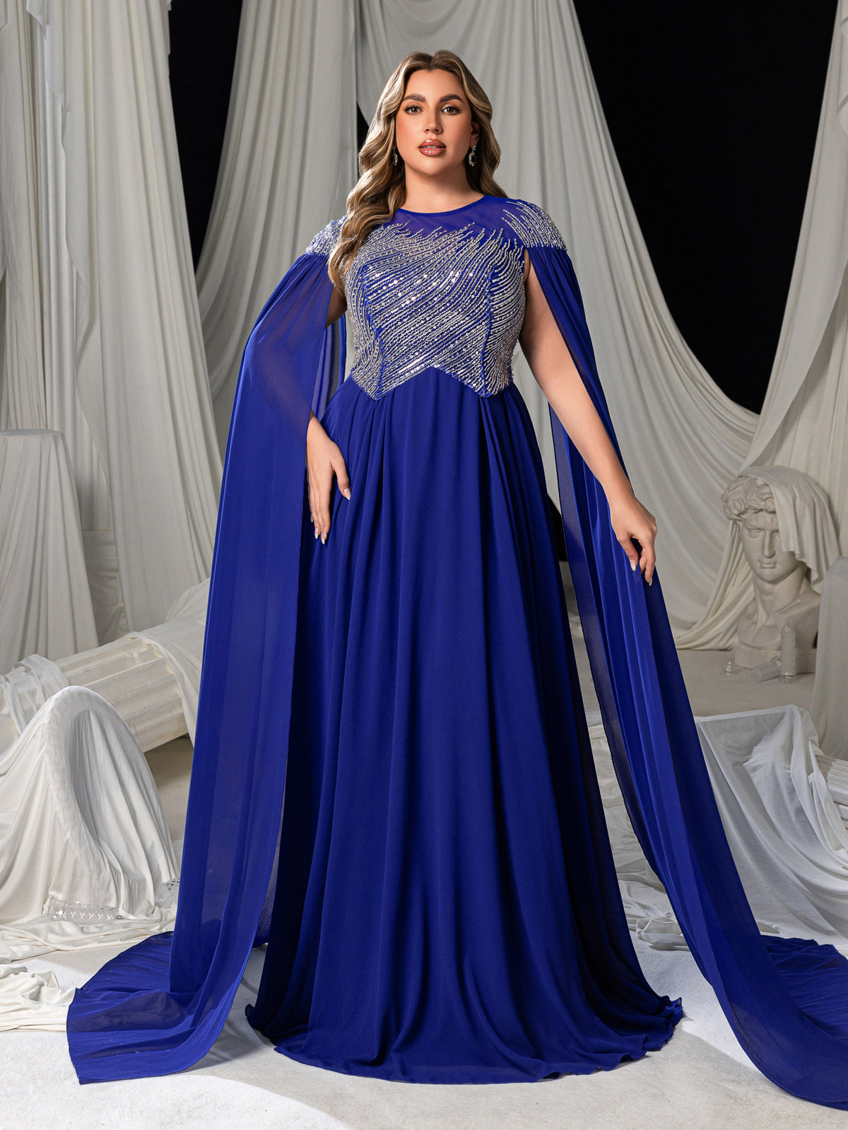 Plus Elegant Chiffon Evening Gown with Beaded Sequin Embellished Bodice, Cape-Style Sleeves & Flowy Floor-Length Skirt, Back Beaded Detail