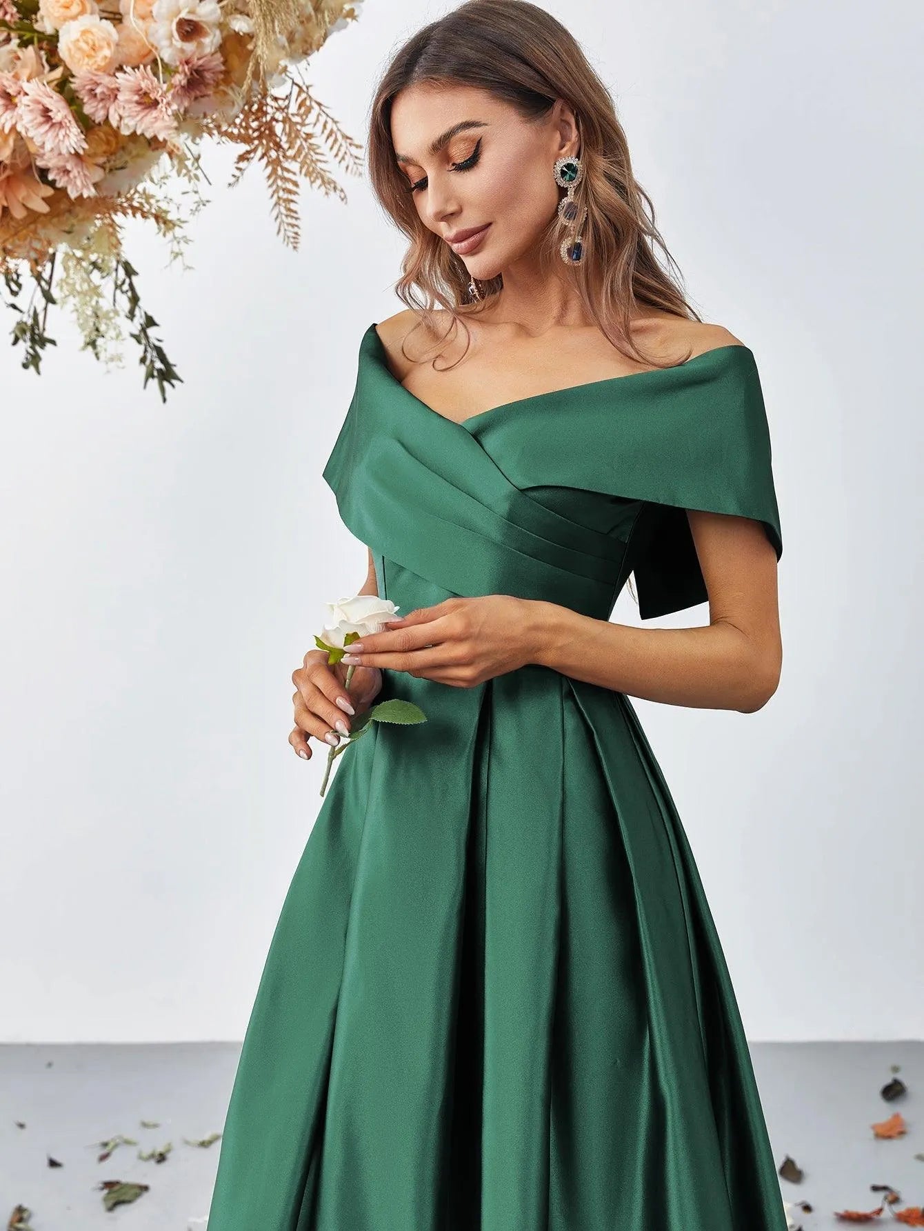 Off Shoulder Fold Pleated Detail Satin A Line Dress - Elonnashop