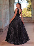 Plunging Neck Sleeveless Embroidered Sequin Dresses