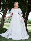 Floral Applique Off Shoulder Mesh Wedding Dress - Elonnashop