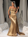 Elegant Off Shoulder Beaded Satin Mermaid Gown with High Slit & Floor-Length Train