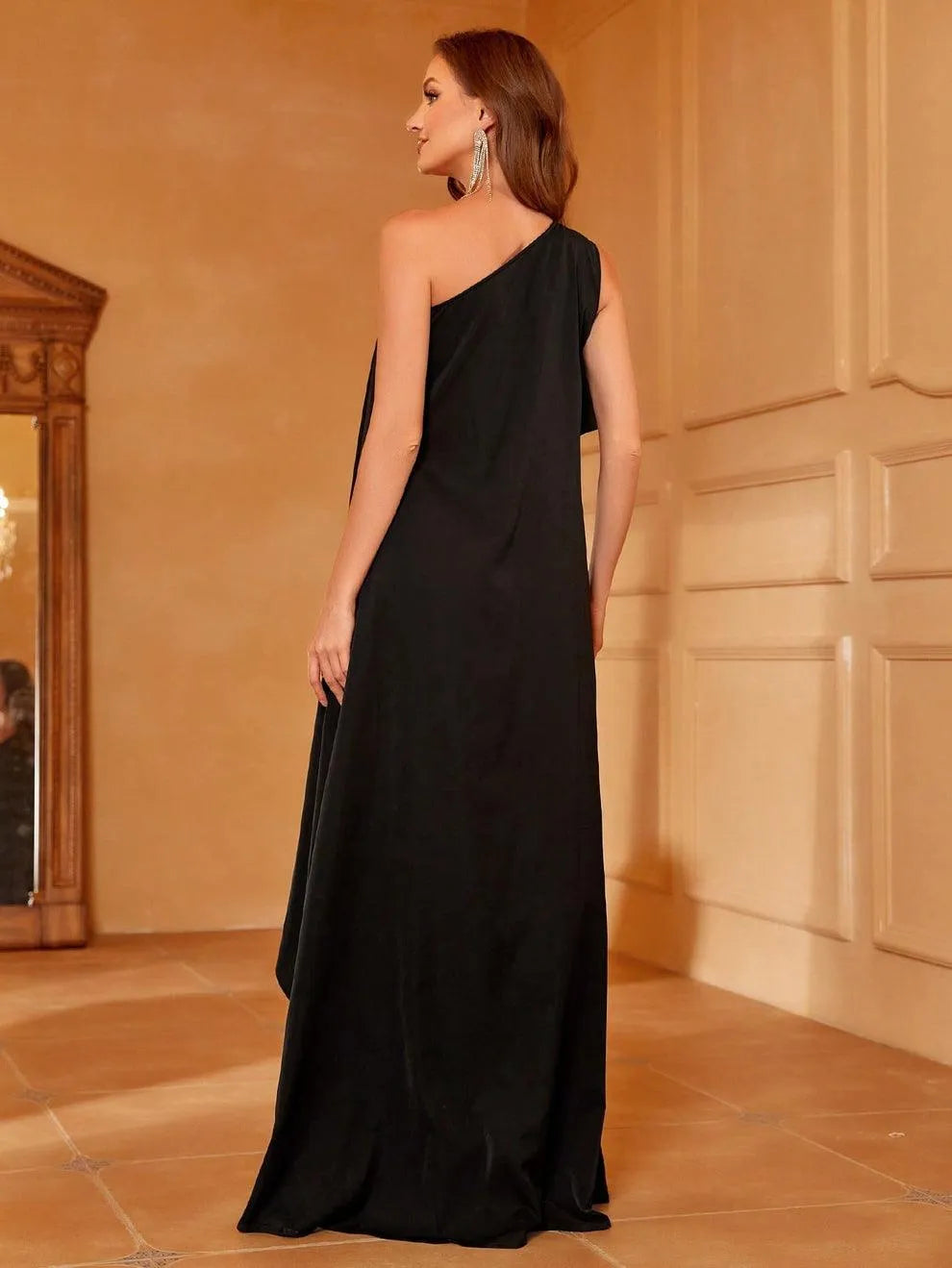 One Shoulder Sleeveless Ruffle Trim Chiffon Dress - Elonnashop