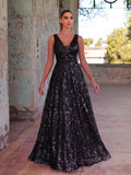 Plunging Neck Sleeveless Embroidered Sequin Dresses