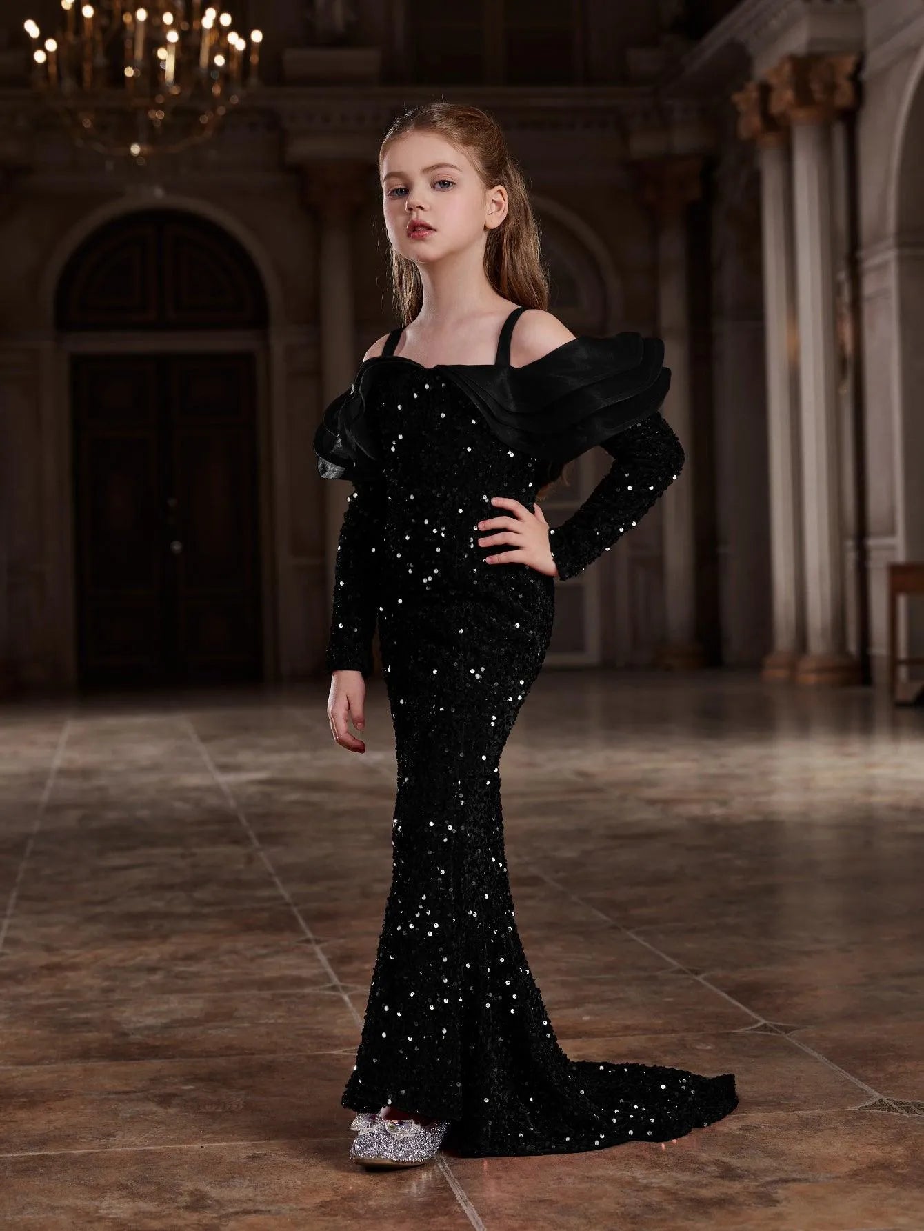 Tween Girls' Off Shoulder Ruffle Trim Sequin Mermaid Dress - Elonnashop