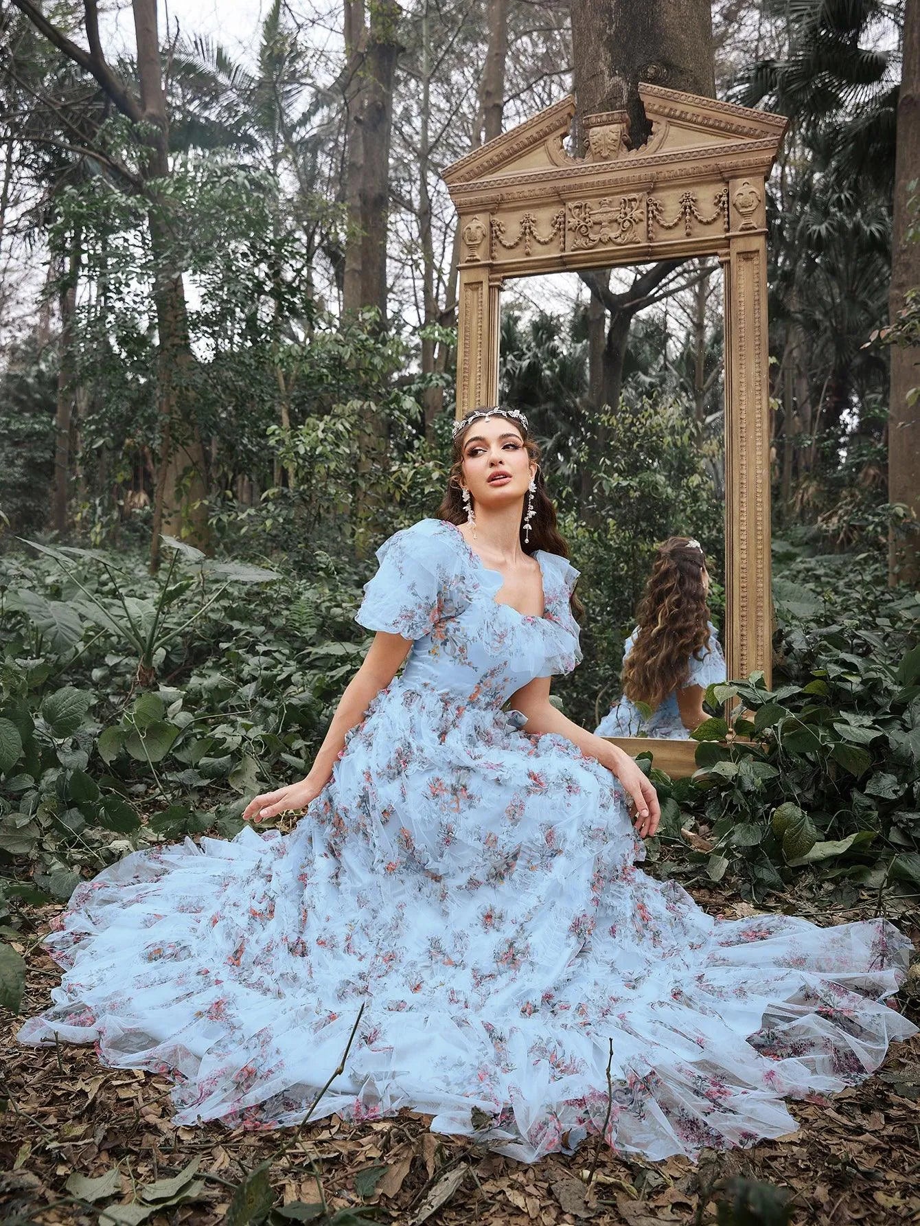 Elegant Ruffle Trim Puff Sleeves Floral Organza Prom Dress - Elonnashop