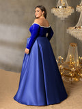 Plus Women's Pearl Accented Off-The-Shoulder Formal Gown | Long Sleeves | Defined Waist Belt | Full Flared Skirt