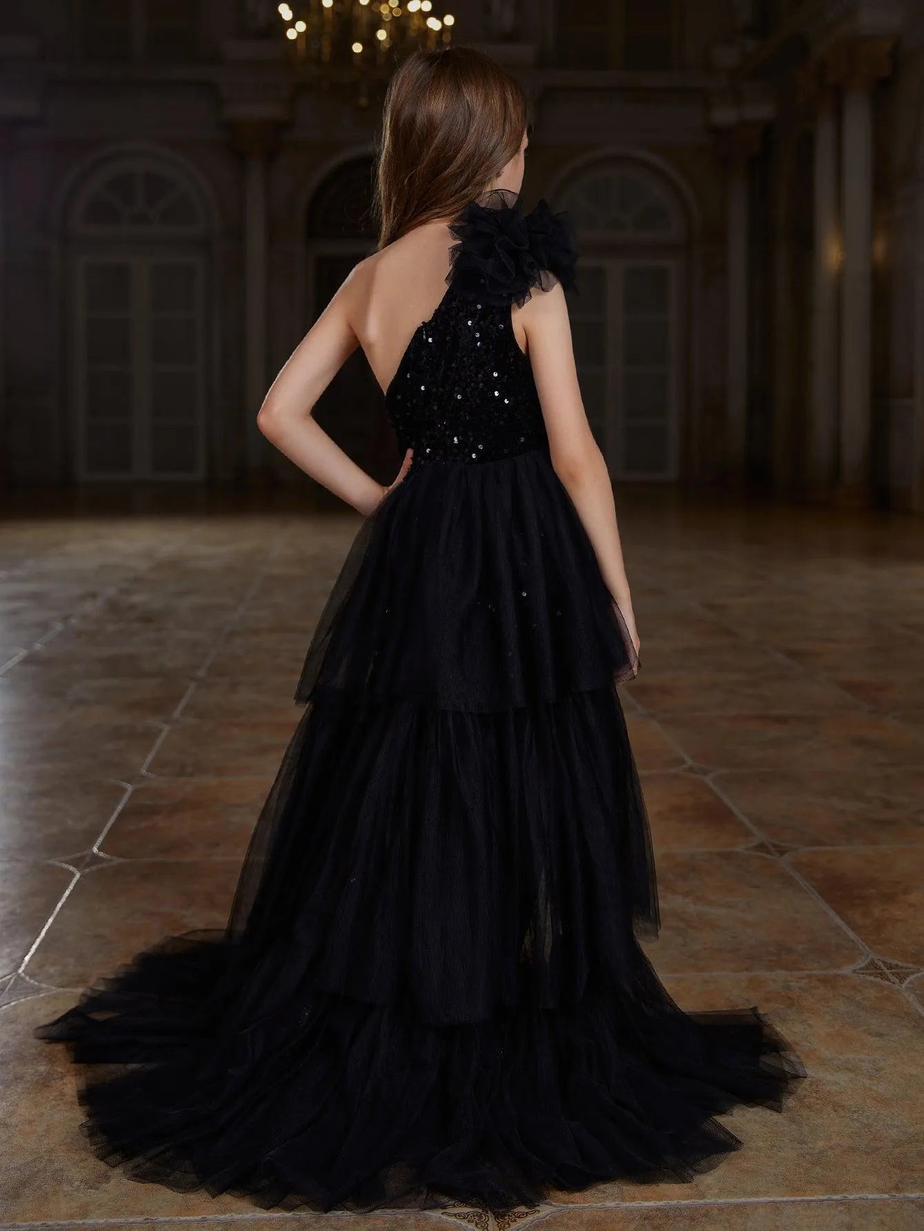 Tween Girls' One Shoulder Mesh Layered Hem Sequin Dress - Elonnashop