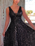 Plunging Neck Sleeveless Embroidered Sequin Dresses