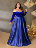 Plus Women's Pearl Accented Off-The-Shoulder Formal Gown | Long Sleeves | Defined Waist Belt | Full Flared Skirt