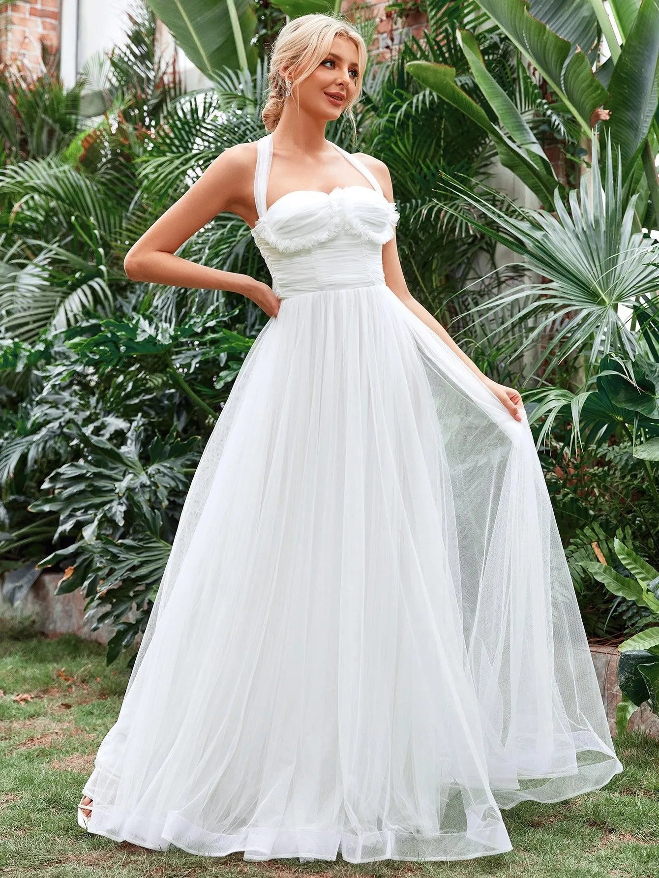Halter Neck Applique Ruched Bustier Mesh Wedding Dress - Elonnashop