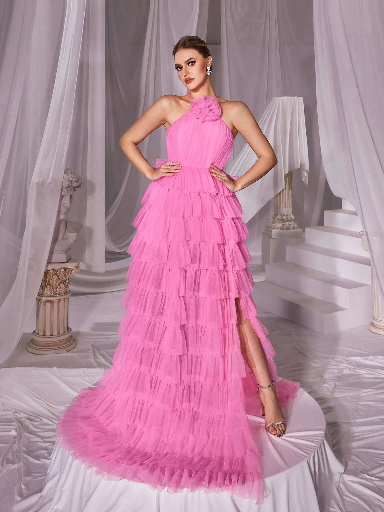 Halter Neck Sleeveless Split Thigh Mesh Cake Dress - Elonnashop