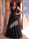 Plus Plunging Meck Backless Floral Sequin Prom Dress