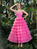 Midi Elegant Strapless Tulle Gown with Ruffled Layers – Voluminous Dress for Tropical Events, Garden Parties & Summer Galas