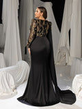 Plus Luxury Satin Formal Gown with Sequin Sleeves & High-Slit Skirt