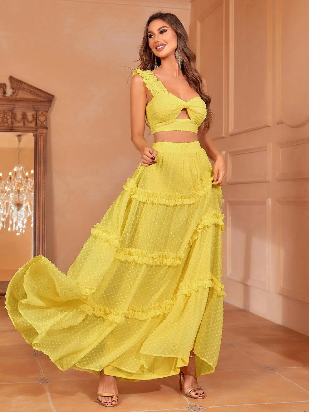 Swiss Dot One Shoulder Crop Top & Chiffon Skirt - Elonnashop