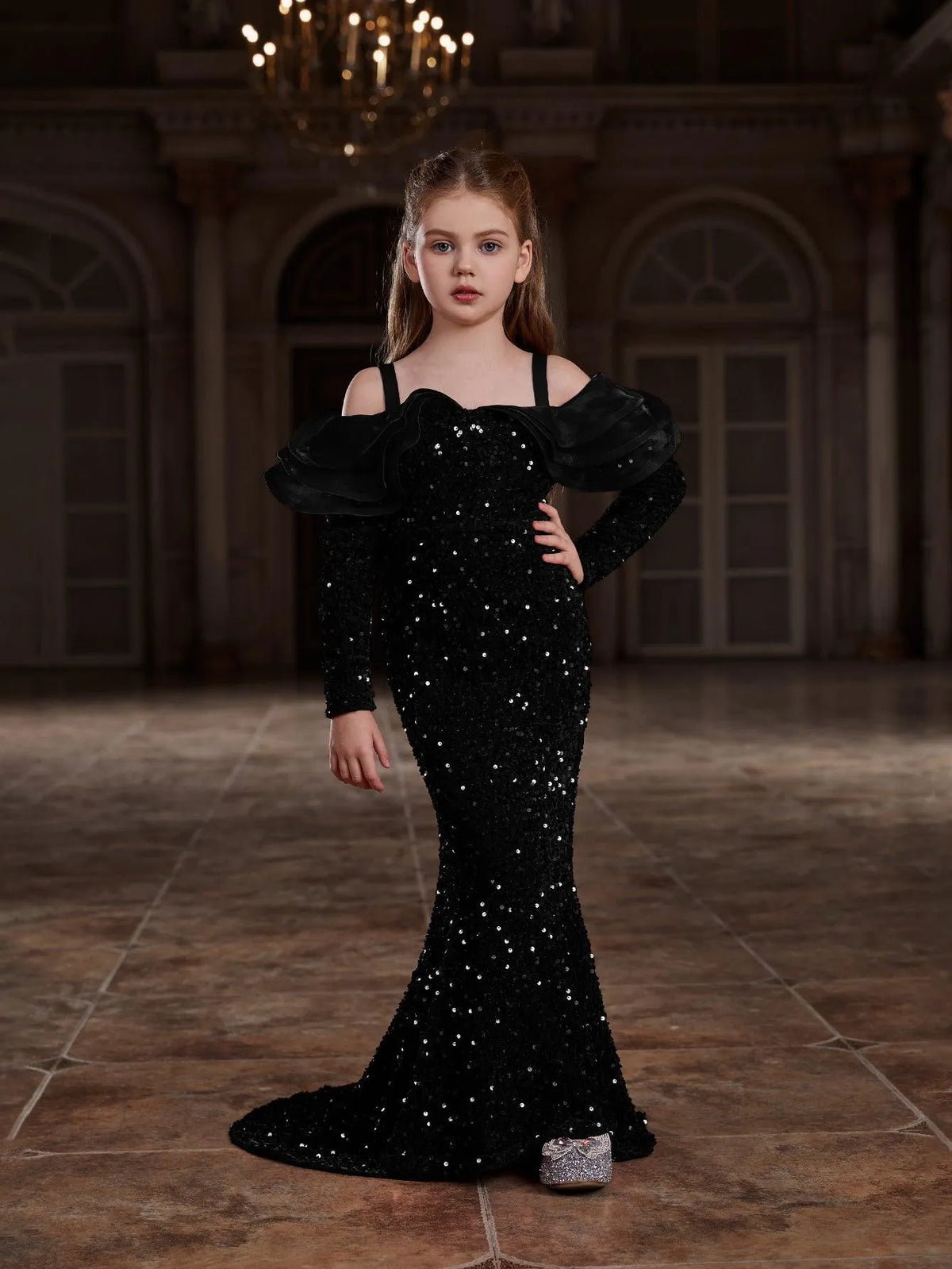 Tween Girls' Off Shoulder Ruffle Trim Sequin Mermaid Dress - Elonnashop