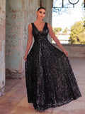 Plunging Neck Sleeveless Embroidered Sequin Dresses
