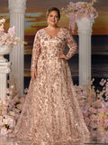 Plus Womens' Elegant V-Neck Evening Gown with Delicate Lace & Silver Embroidery – Long Flowing Skirt for Seaside Weddings & Romantic Beach Events