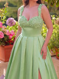 Plus Elegant Applique Detail Sweetheart Neck Split Thigh Satin Prom Dress