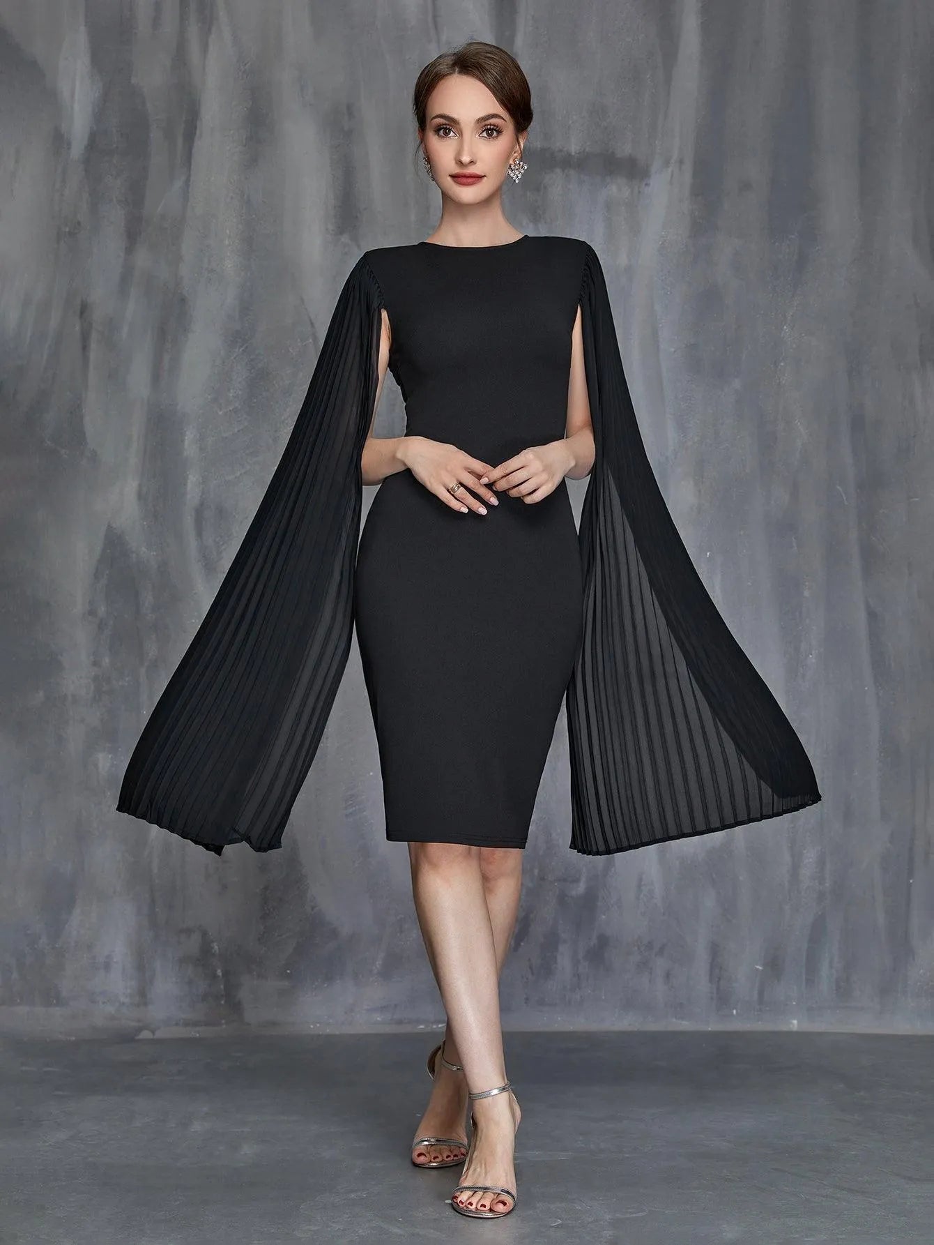 Womens' Pleated Cloak Sleeves Midi Dress - Elonnashop