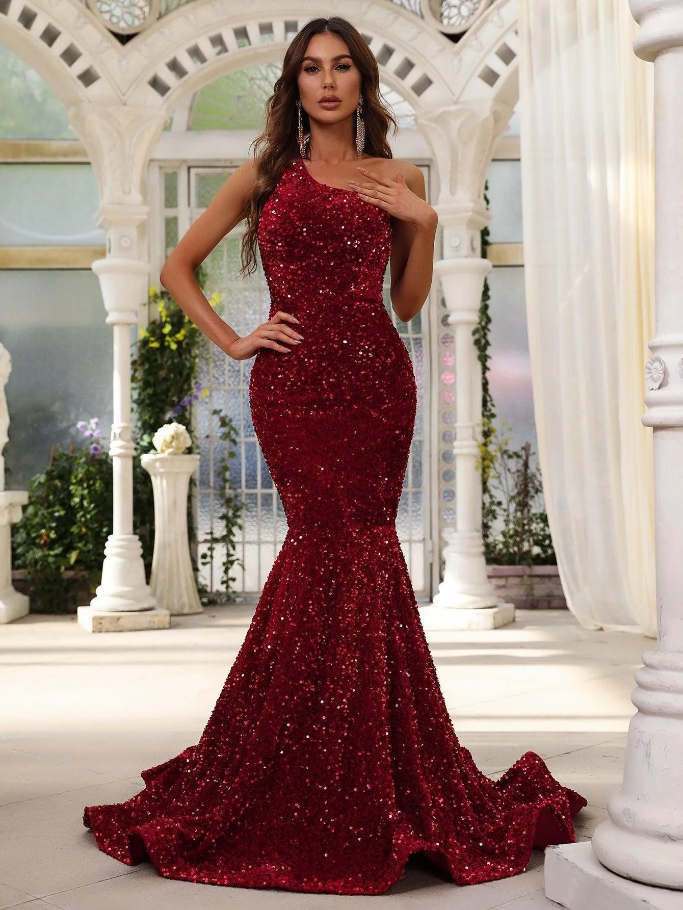 Elegant One Shoulder Sleeveless Sequin Mermaid Dresses - Elonnashop