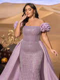 Plus Off-Shoulder Beaded Mermaid Gown with Puff Sleeves, Corset Back & Tulle Train | Luxury Glitter Evening Dress for Prom & Formal Events