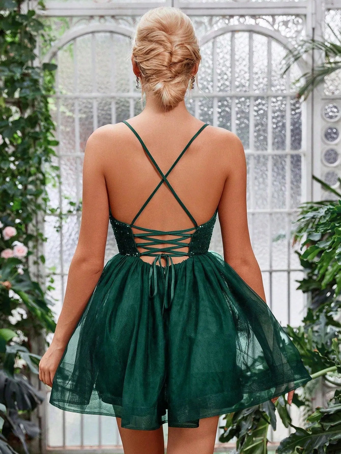 Contrast Sequin Mesh Overlay Cami Mini Dress - Elonnashop