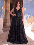 Plus Plunging Meck Backless Floral Sequin Prom Dress