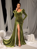 Elegant Velvet Gown with Thigh-High Slit & Puff Sleeves – Luxury Evening Wear for Red Carpet, Gala Dinners & High-End Cocktail Parties, XS-XL