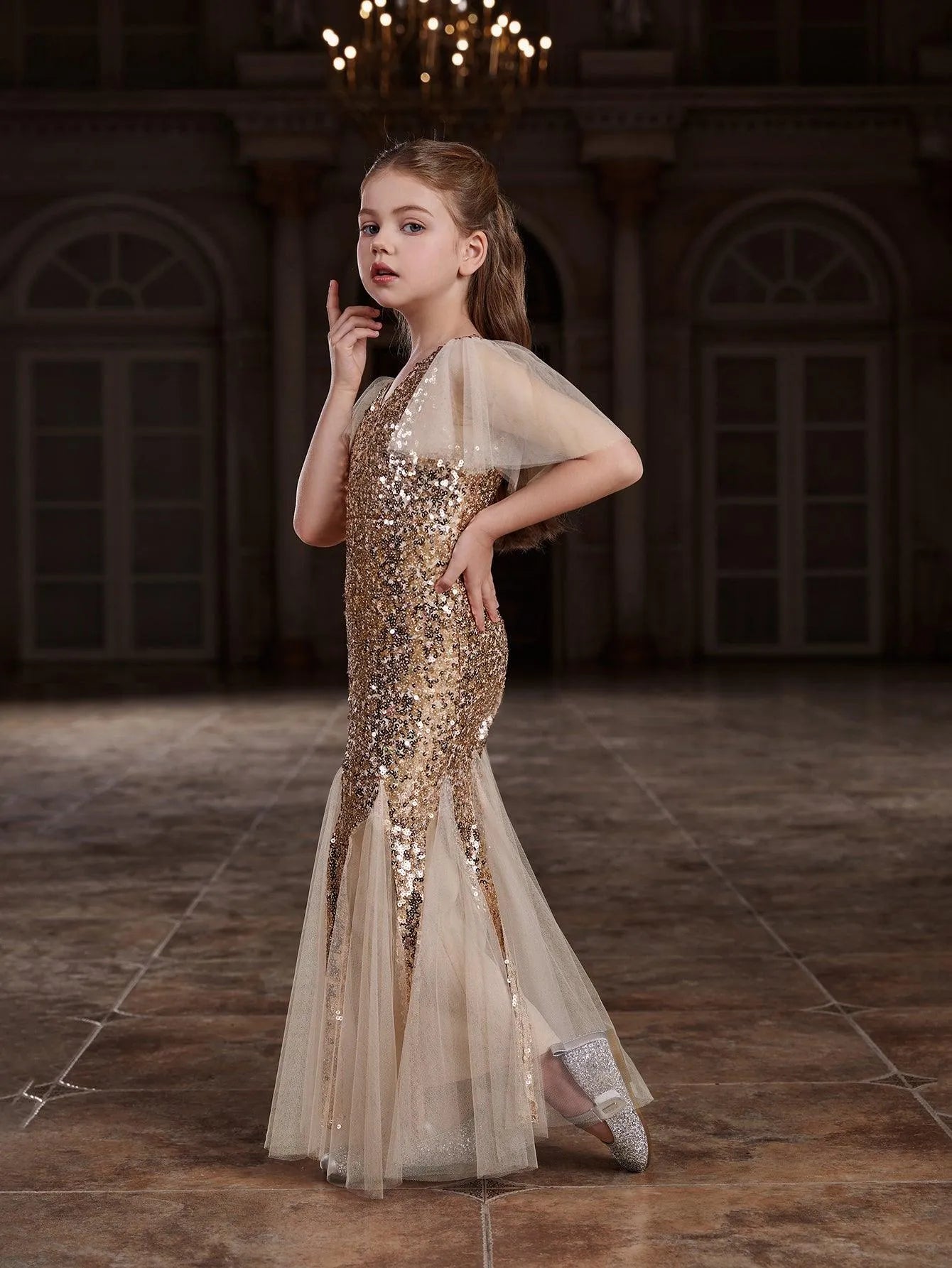 Tween Girls' Butterfly Sleeves Mesh Insert Sequin Party Dress - Elonnashop