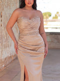 Plus Elegant Strapless Contrast Sequin Split Thigh Satin Mermaid Party Dress