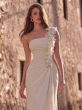 One-Shoulder Floor-Length Gown with 3D Floral Detail & Ruched Bodice | Elegant A-Line Evening Dress for Formal Party & Wedding Guest